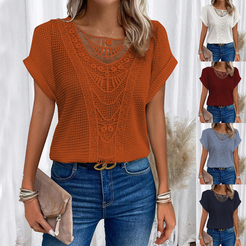 Summer Hollow Out Short-sleeved T-shirt Fashion Ethnic Style Tops Women’s Clothing